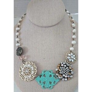 Plunder Design Statement Necklace Faux Pearls Metal Rhinestones Bead#22298